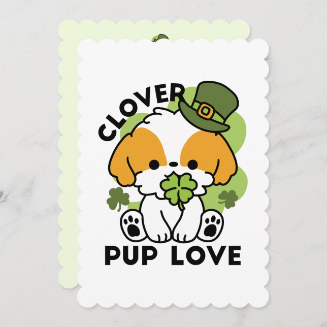 Cartes Pour Fêtes Annuelles Clover Pup Love - St. Patrick's Day Chien Design (Devant / Derrière)