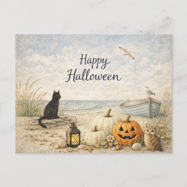 Cartes Pour Fêtes Annuelles Coastal Black Cat Rowboat Halloween (Devant)