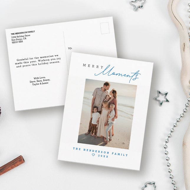 Cartes Pour Fêtes Annuelles Coastal Family Beach vacation Custom Holiday Photo (Modern, minimal, blue Merry moments coastal vibe beach holiday christmas family photo card)