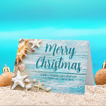 Cartes Pour Fêtes Annuelles Coastère Noël Custom Beach Company Seashell<br><div class="desc">Une carte de séjour sur mesure pour une entreprise d'île tropicale. Customisez cette jolie carte de Noël en bois bleu turquoise et en coquillages avec votre nom de société balnéaire ou autre texte professionnel côtier.</div>