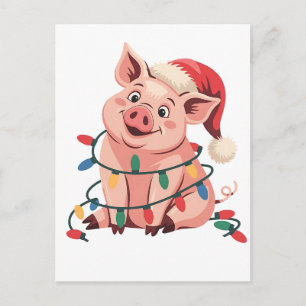 Cartes Pour Fêtes Annuelles Cochon aux lumières de Noël portant un chapeau de