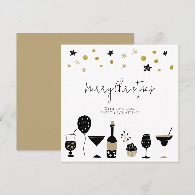 Cartes Pour Fêtes Annuelles Cocktail Champagne Gold Black Joyer Noël (Devant / Derrière)