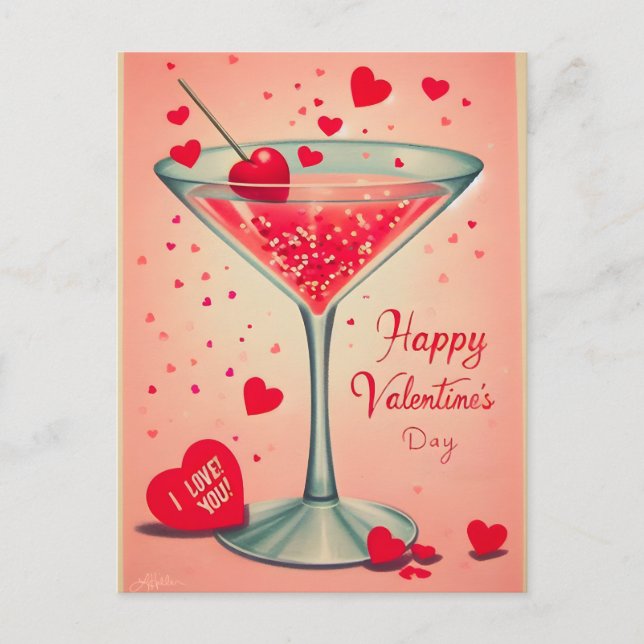 Cartes Pour Fêtes Annuelles Cocktail Valentine Martini du milieu du siècle (Devant)
