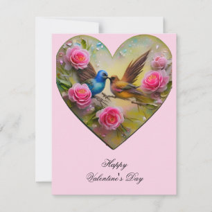 Cartes Pour Fêtes Annuelles Cœur avec des fleurs roses et oiseaux Saint-Valent