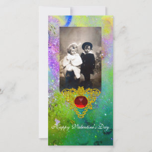 CARTES POUR FÊTES ANNUELLES COEUR CELTIQUE EN VIOLET, VERT, PARKLES D'OR JAUNE