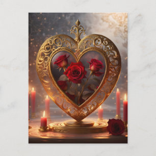 Cartes Pour Fêtes Annuelles Cœur doré victorien avec des roses rouges, vintage