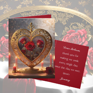 Cartes Pour Fêtes Annuelles Cœur doré victorien avec des roses rouges, vintage