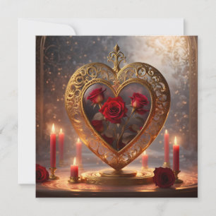 Cartes Pour Fêtes Annuelles Cœur doré victorien avec des roses rouges, vintage