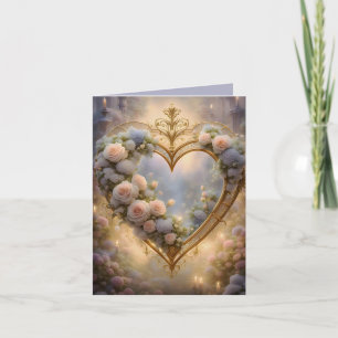 Cartes Pour Fêtes Annuelles Cœur doré victorien avec des roses, vintage