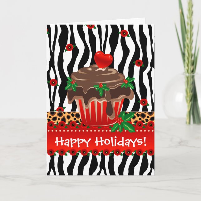 Cartes Pour Fêtes Annuelles Coeur léopard de Noël Zebra Cupcake (Devant)