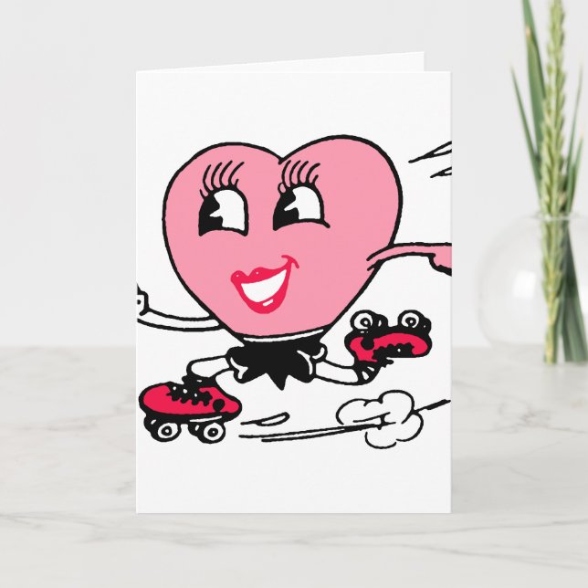 Cartes Pour Fêtes Annuelles Coeur rose sur patins à rouleaux (Devant)