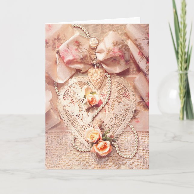 Cartes Pour Fêtes Annuelles COEUR, ROSES et PERLES de DENTELLE par SHARON (Devant)