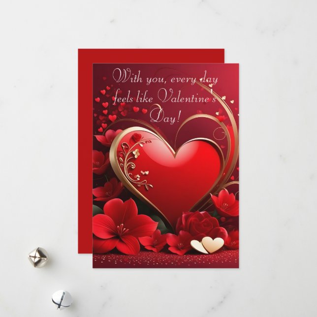 Cartes Pour Fêtes Annuelles Cœur Saint-Valentin Amour Rouge-Or (Devant/Arrière en situation)