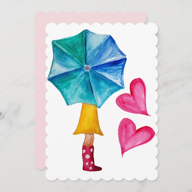 Cartes Pour Fêtes Annuelles Coeurs d'aquarelle pour fille parapluie (Devant / Derrière)