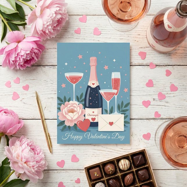Cartes Pour Fêtes Annuelles Cœurs de Champagne Rose Saint Valentin Romantique (Créateur téléchargé)