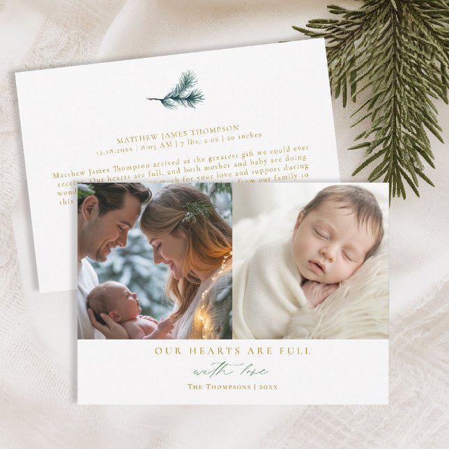 Cartes Pour Fêtes Annuelles Cœurs de Noël Épique Pin Famille Bébé 2 Photos (christmas family card baby announcement with love calligraphy simple elegant 2 photos green gold)