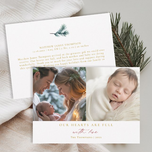 Cartes Pour Fêtes Annuelles Cœurs de Noël Minimal Rouge Famille Bébé 2 Photos (christmas family card baby announcement with love calligraphy simple elegant 2 photos red gold)
