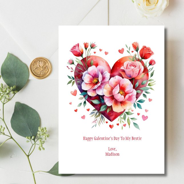 Cartes Pour Fêtes Annuelles Cœurs Fleurs Rose Rouge Galentine Saint Valentin (Heart and Flowers watercolor Pink Red Galentine's Day Valentine's Day Card. Printed or Digital)