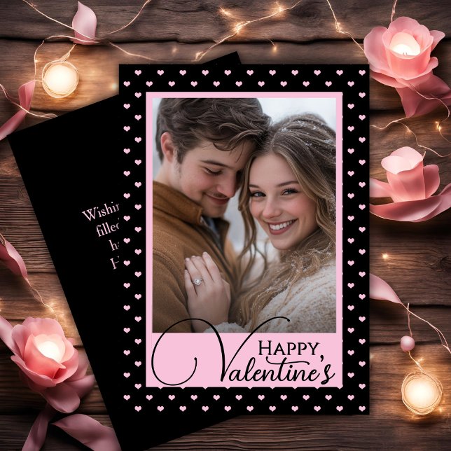 Cartes Pour Fêtes Annuelles Coeurs noirs et roses Bonne photo de Saint Valenti (Black & Pink Hearts Happy Valentine's Custom Photo Holiday Card)