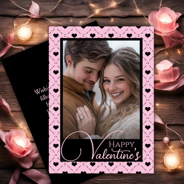 Cartes Pour Fêtes Annuelles Coeurs roses et noirs Bonne photo de Saint Valenti (Pink & Black Hearts Happy Valentine's Custom Photo Holiday Card)