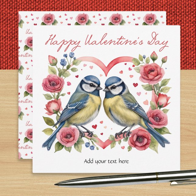 Cartes Pour Fêtes Annuelles Cœurs, Roses et Oiseaux | la Saint-Valentin (A personalized Valentine's Day card with picture of two bluetits with love hearts and pink roses)