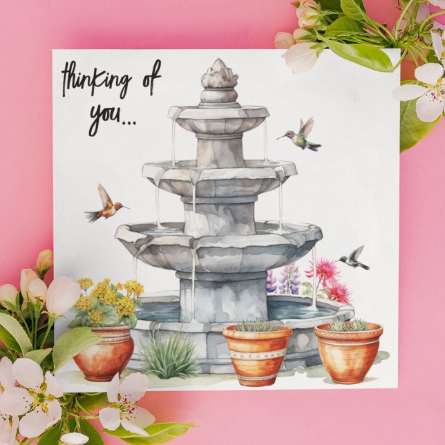 Cartes Pour Fêtes Annuelles Colibri | Fontaine d'eau | Fleurs (Hummingbirds in flight around a water fountain and potted plants and flowers thinking of you card. )