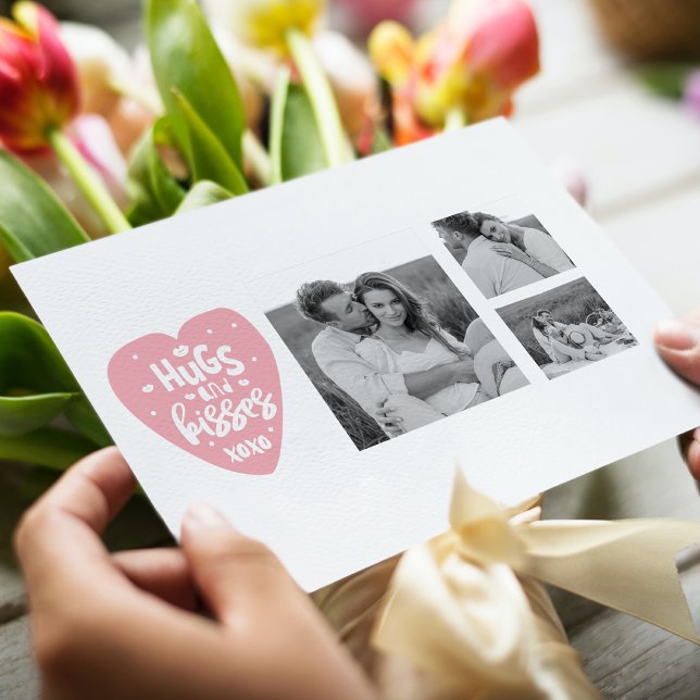 Cartes Pour Fêtes Annuelles Collage Couple Photo & Hugs And Kisses PInk Heart (Créateur téléchargé)