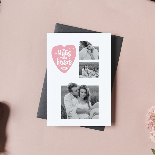 Cartes Pour Fêtes Annuelles Collage Couple Photo & Hugs And Kisses PInk Heart (Créateur téléchargé)