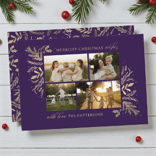 Cartes Pour Fêtes Annuelles Collage de Noël familial de 4 photos en or violet