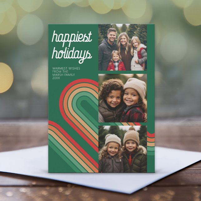 Cartes Pour Fêtes Annuelles Collage de photos - Arche Retro Stripes - Happiest (3 Photo Christmas Card with Retro Stripe Design - Print or Instant Download)