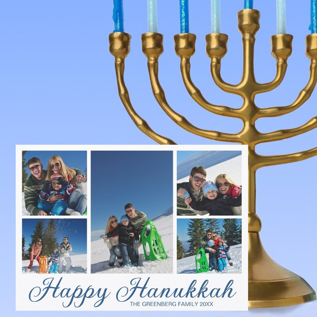 Cartes Pour Fêtes Annuelles Collage de photos de famille bleu joyeux Hanukkah (Créateur téléchargé)