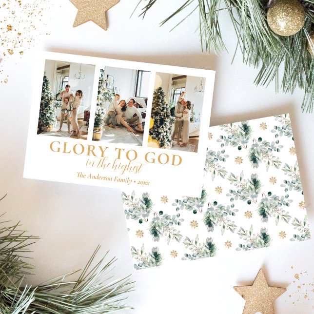 Cartes Pour Fêtes Annuelles Collage de photos de famille Noël religieux (Modern family photo collage religious Christmas card with Bible verse in white and gold)