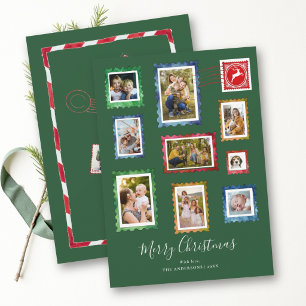 Cartes Pour Fêtes Annuelles Collage de photos Timbre Vintage Vert Noël de fami