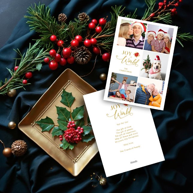 Cartes Pour Fêtes Annuelles Collage moderne de Poinsettia 5 photos Famille (Elegant Modern Poinsettia Collage Five Photo Family Christmas Holiday Cards.)