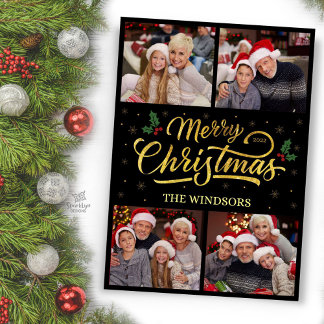 Cartes Pour Fêtes Annuelles Collage photo de Noël élégant avec houx doré