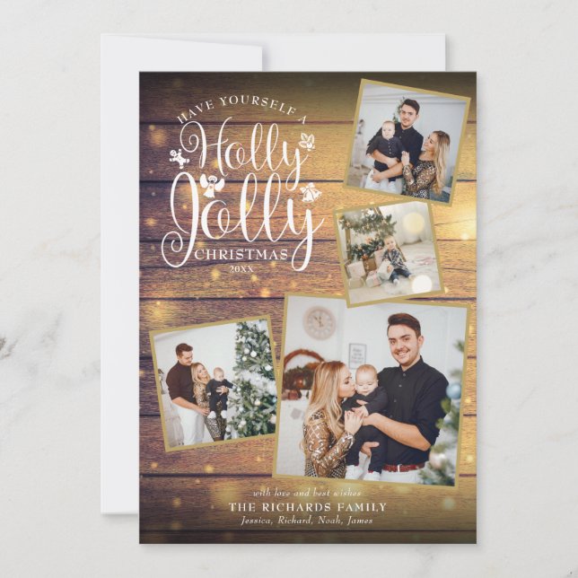 Cartes Pour Fêtes Annuelles Collage photo de Noël Holly Jolly Bois Rustique (Devant)
