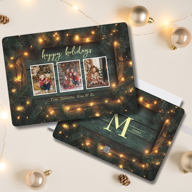 Cartes Pour Fêtes Annuelles Collage photo de Noël rustique Pine Garland Lumièr (Créateur téléchargé)