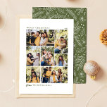 Cartes Pour Fêtes Annuelles Collage photo de Noël vert botanique Famille 7<br><div class="desc">Carte de Noël élégante de collage de photos de famille avec sept photos sur le devant et de l'espace pour votre message personnalisé et vos noms. Le dos présente un motif de feuillage botanique hivernal vert,  avec des poinsettias et des baies.</div>