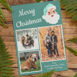 Cartes Pour Fêtes Annuelles Collage photo du Père Noël turquoise et blanc Noël<br><div class="desc">Cette carte de vacances photo ludique et festive est prête à être customisée avec trois de vos propres photos et les vôtres du message et dispose d'un schéma de couleurs turquoise et blanc avec un graphisme de style rétro Santa Claus à côté du message "Joyeux Noël" en lettres blanches.</div>