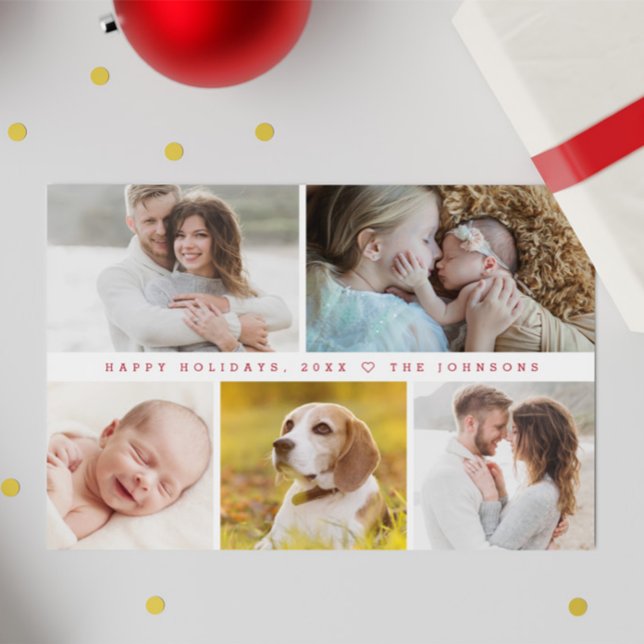 Cartes Pour Fêtes Annuelles Collage photo moderne Happy Holidays Custom (Red typography minimalist Happy Holidays family photo collage card.)