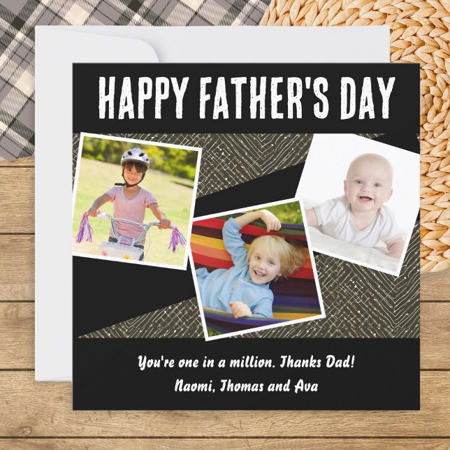 Cartes Pour Fêtes Annuelles Collage photo personnalisé de 3 photos Fête des pè (A stylish Father's Day card in black and white, to personalize with three photos and a message)