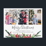 Cartes Pour Fêtes Annuelles Collage photo simple floral de la couronne de Noël<br><div class="desc">Cette carte de vacances de Noël fleurie "Happy Holidays", simple et élégante, comporte une couronne de xmas enneigée avec poinsettias, pins et baies. Au verso de la carte se trouve un motif enneigé sur un arrière - plan rouge Christmassy. Sur le devant de la carte vous pouvez customiser le script,...</div>