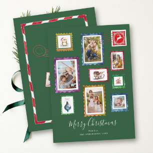 Cartes Pour Fêtes Annuelles Collage photo Timbre Vintage Vert Famille Noël