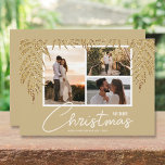 Cartes Pour Fêtes Annuelles Collage photo tropical Noël<br><div class="desc">Trois photos accentuées avec des frondes de palmier en faux parties scintillant sur un arrière - plan d'or (voir plus de couleurs dans notre magasin), ces cartes de vacances de Noël ont vos noms sur le fond en lettres chic. Sélectionnez Matte pour le papier le plus lourd et High Definition...</div>