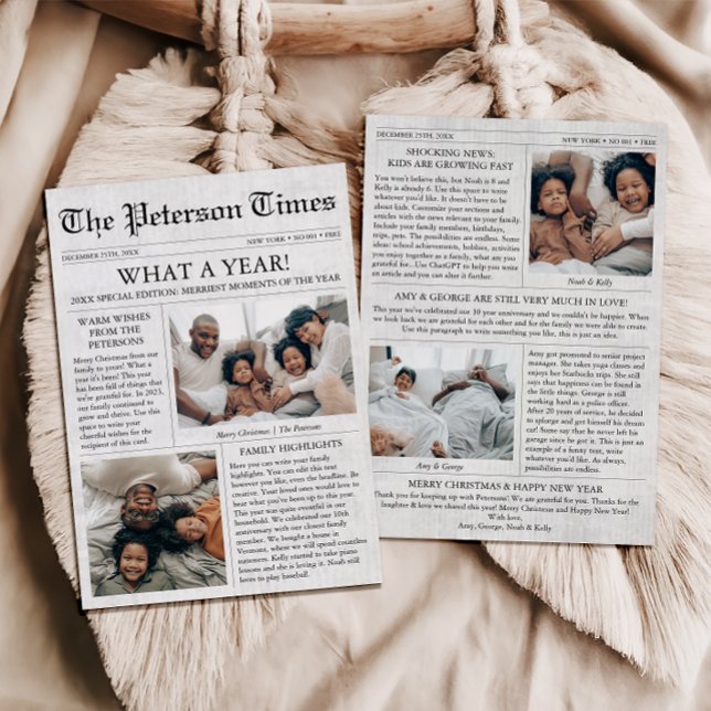 Cartes Pour Fêtes Annuelles Collage photo unique de Noël du journal (Christmas Newspaper Card, What a Year Family Newsletter)