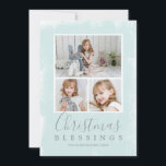 Cartes Pour Fêtes Annuelles Collage photo vert mignon Noël religieux<br><div class="desc">Envoyez des réjouissances de vacances avec cette carte de Noël simple et moderne avec un collage photo avec trois de vos photos de famille préférées sur un arrière - plan de texture verte à la menthe sur le devant et une photo sur le dos. Le front a la salutation religieuse,...</div>