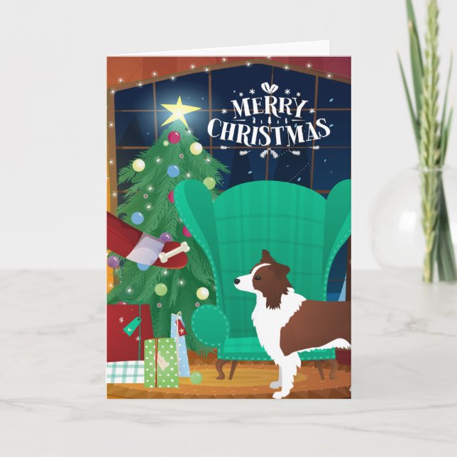 Cartes Pour Fêtes Annuelles Collie aux frontières rouge Noël et le cadeau du P (Devant)