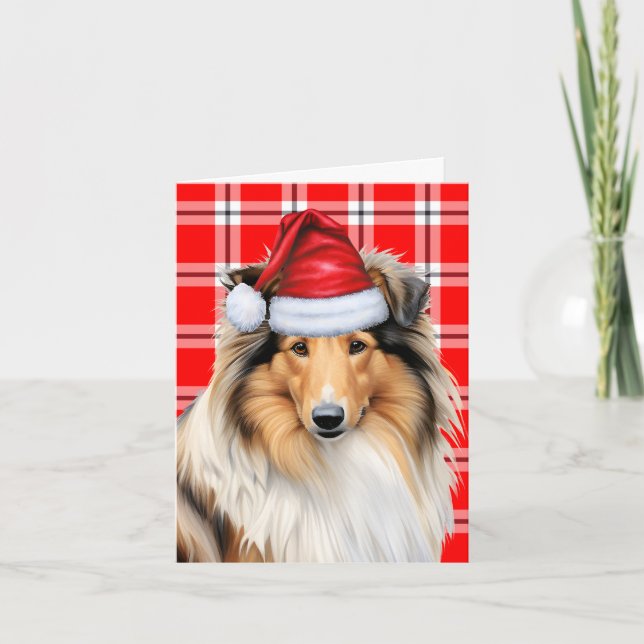 Cartes Pour Fêtes Annuelles Collie Christmas Chien Rouge Plaid Noël (Devant)