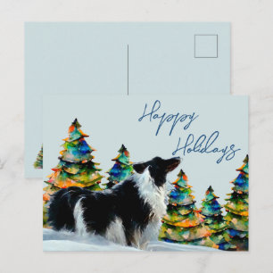 Cartes Pour Fêtes Annuelles Collie frontalier en hiver Arbre de Noël de neige