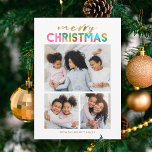 Cartes Pour Fêtes Annuelles Colorful Christmas Three Photo Collage<br><div class="desc">Ce carte photo de vacances de Noël amusant et lumineux dispose de 3 modèles photo. La typographie simple et moderne dit "Joyeux Noël", incorporant un faux papier doré ainsi qu'un papier coloré et superposé. Le dos de la carte contient un modèle de papier de Noël qui se chevauchent et qui...</div>